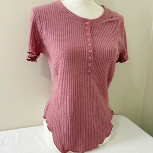 Dokotoo Womens Waffle Knit Henley Top Pink Short Sleeve Ruffle Hem Size Large
